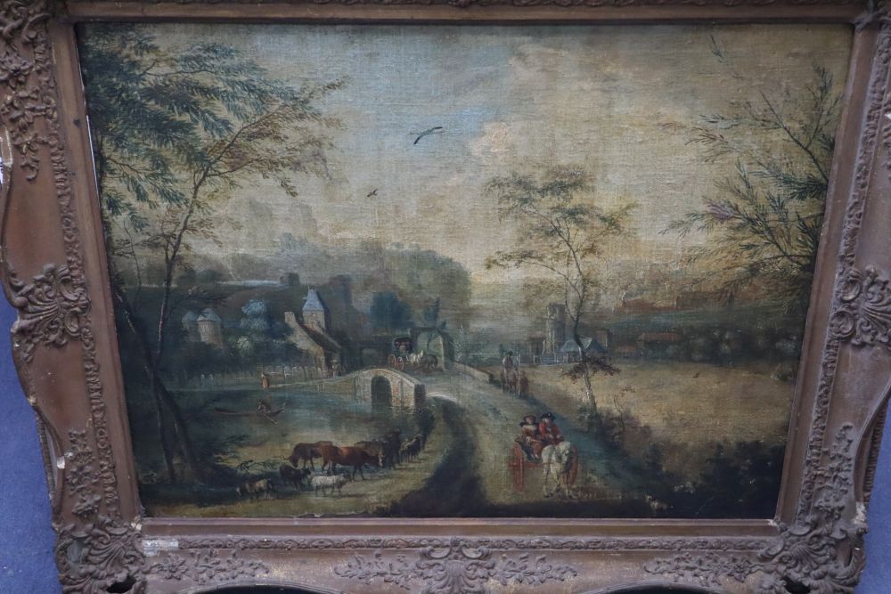 Circle of Theobald Michau, Flemish School, oil on canvas, 17th century style landscape with figures in carts, cattle and sheep, 65 x 83